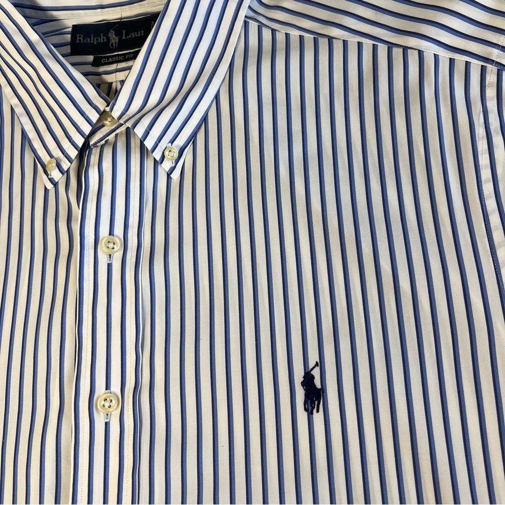 Ralph Lauren Classic Fit Striped Button-Down Casual Shirt Blue and white Size 17